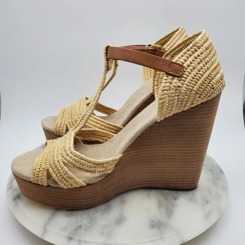 Tory Burch Carina Macrame Straw Wedge Sandals Royal Tan Leather T-Strap‎ US 9.5M